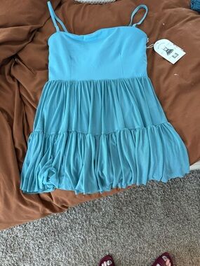 POPFLEX Teal Tiered Spaghetti-Strap Mini Dress